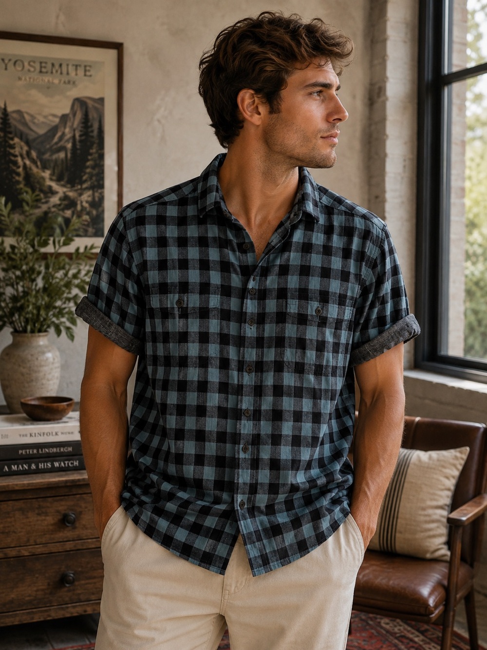 Flag & Anthem Blue Plaid Short Sleeve Button Down Shirt M